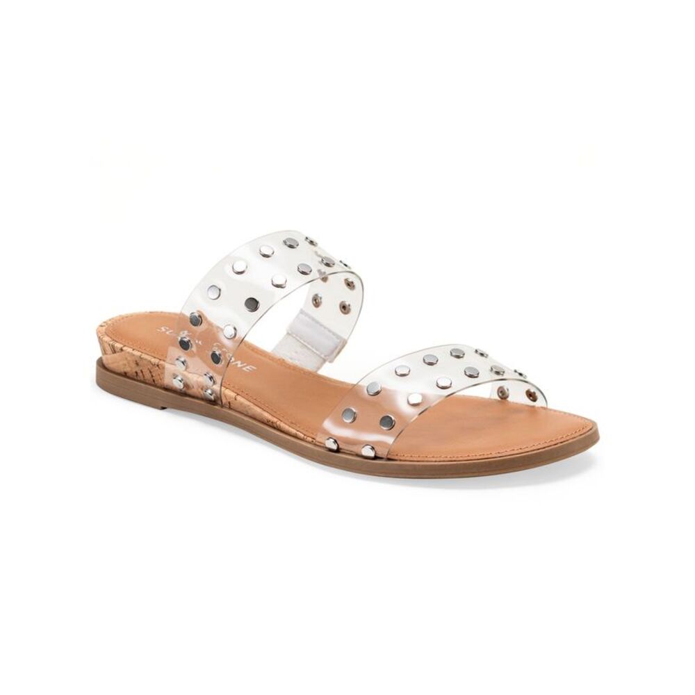 SUN STONE Womens Beige Studded Easten Round Toe Wedge Slip On Slide Sandals 9 M
